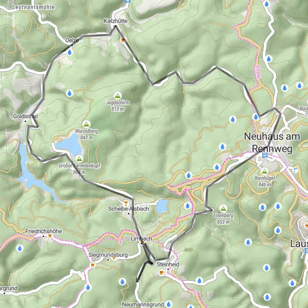 Map miniature of "Scenic Tour to Pumpspeicherwerk Goldisthal" cycling inspiration in Thüringen, Germany. Generated by Tarmacs.app cycling route planner