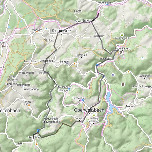 Karten-Miniaturansicht der Radinspiration "Radtour durch Meuselbach-Schwarzmühle und Schwarzburg" in Thüringen, Germany. Erstellt vom Tarmacs.app-Routenplaner für Radtouren