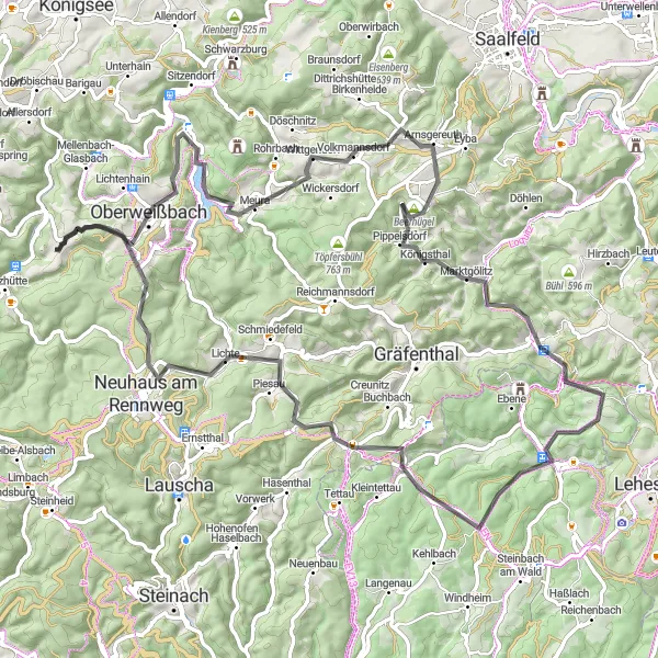 Karten-Miniaturansicht der Radinspiration "Rundtour über Mittelberg und Probstzella" in Thüringen, Germany. Erstellt vom Tarmacs.app-Routenplaner für Radtouren