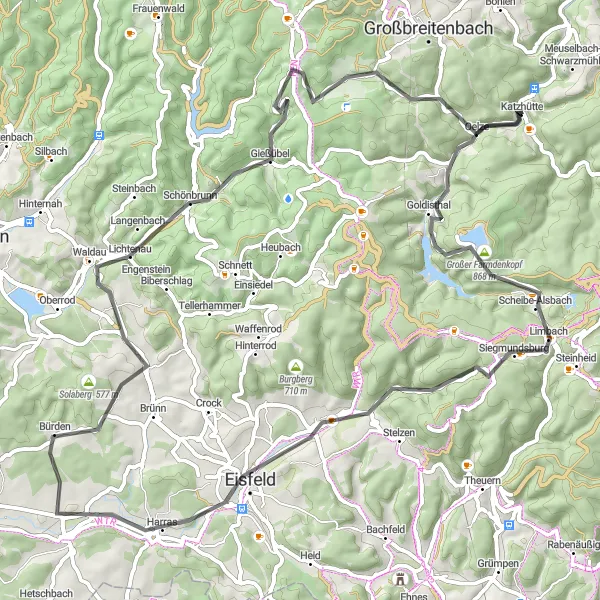 Map miniature of "Historical Road Ride: Exploring Thuringia's Past" cycling inspiration in Thüringen, Germany. Generated by Tarmacs.app cycling route planner