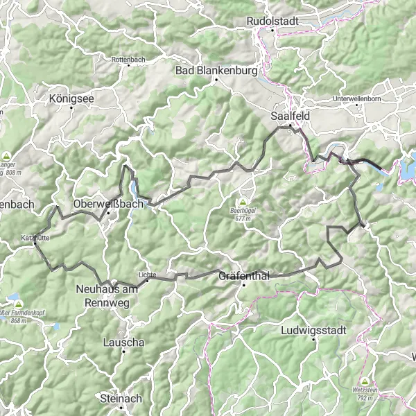 Map miniature of "Thuringian Hill Loop" cycling inspiration in Thüringen, Germany. Generated by Tarmacs.app cycling route planner