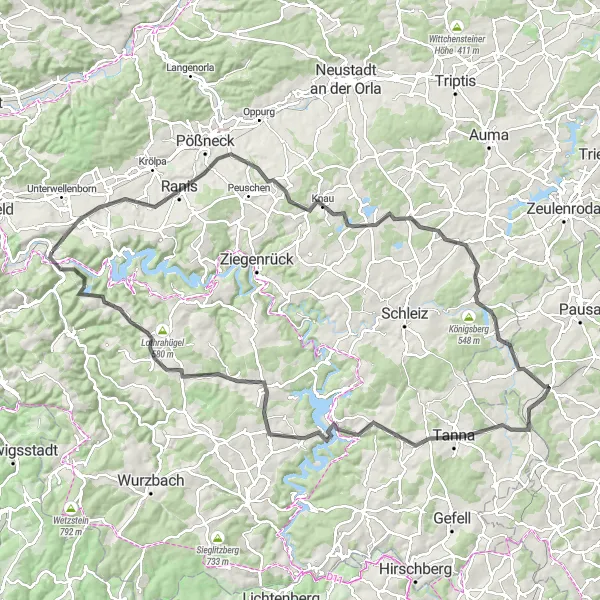 Karten-Miniaturansicht der Radinspiration "Von Kaulsdorf nach Tanna und zurück" in Thüringen, Germany. Erstellt vom Tarmacs.app-Routenplaner für Radtouren