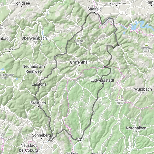 Map miniature of "Kaulsdorf Loop: Forests and Castles" cycling inspiration in Thüringen, Germany. Generated by Tarmacs.app cycling route planner