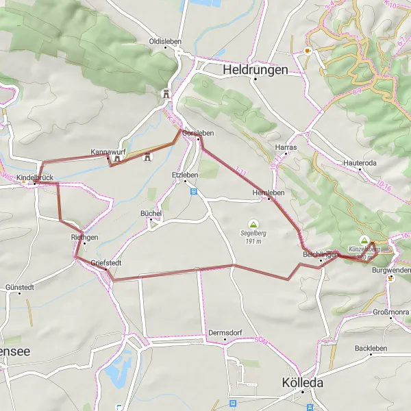 Karten-Miniaturansicht der Radinspiration "Rundweg von Wallsberg nach Griefstedt" in Thüringen, Germany. Erstellt vom Tarmacs.app-Routenplaner für Radtouren