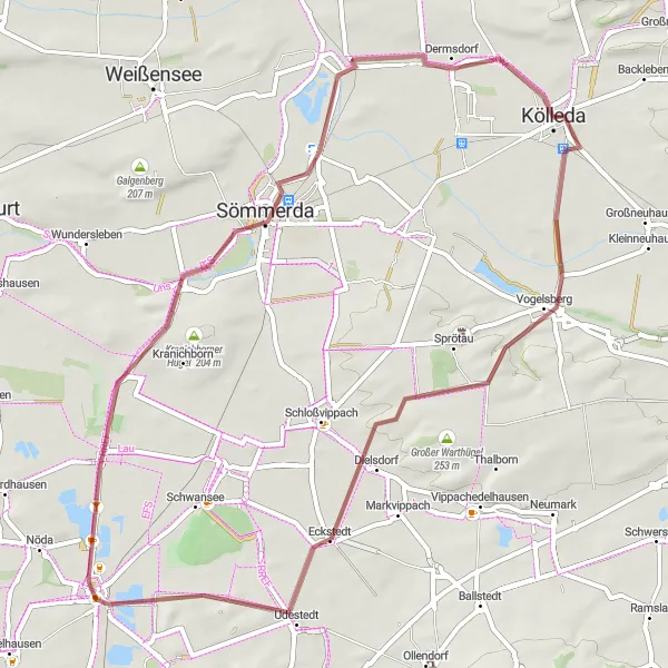 Map miniature of "Scenic Countryside Exploration: Kölleda Loop" cycling inspiration in Thüringen, Germany. Generated by Tarmacs.app cycling route planner