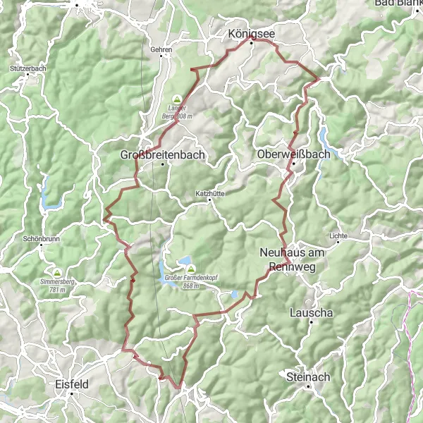 Map miniature of "Königsee - Cursdorf Loop" cycling inspiration in Thüringen, Germany. Generated by Tarmacs.app cycling route planner