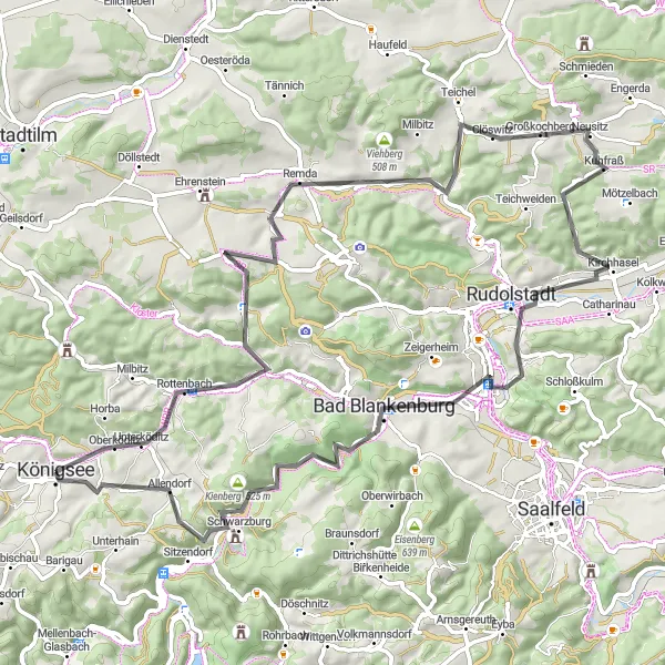 Karten-Miniaturansicht der Radinspiration "Rudolstadt-Roßbach Loop" in Thüringen, Germany. Erstellt vom Tarmacs.app-Routenplaner für Radtouren