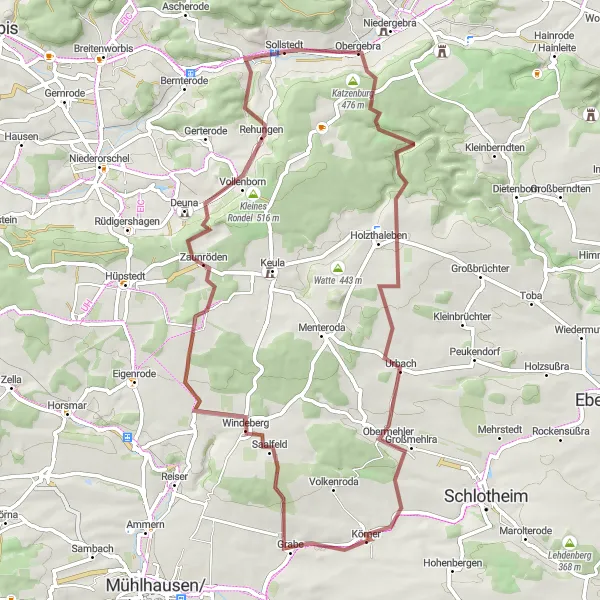 Map miniature of "Scenic Gravel Ride to Goldkopf" cycling inspiration in Thüringen, Germany. Generated by Tarmacs.app cycling route planner