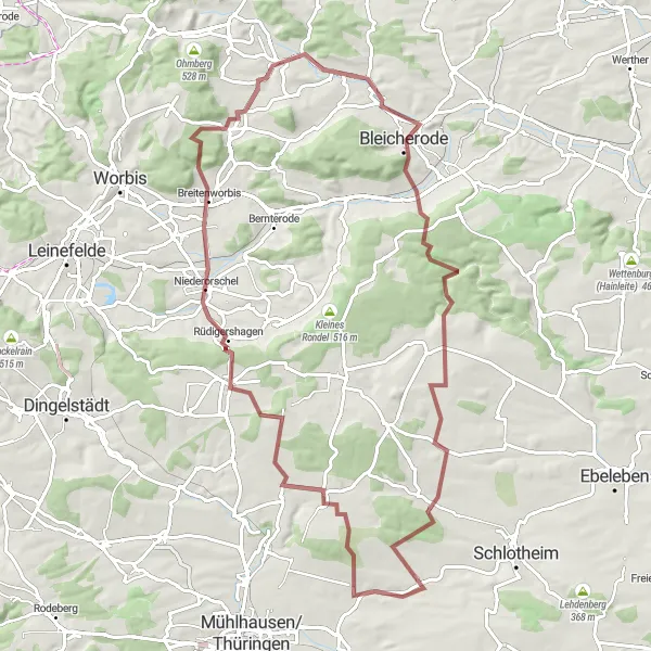 Map miniature of "Gravel adventure through valleys and forests" cycling inspiration in Thüringen, Germany. Generated by Tarmacs.app cycling route planner