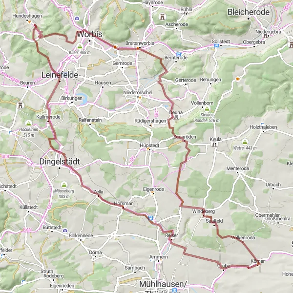 Karten-Miniaturansicht der Radinspiration "Rundstrecke durch Grabe und Körner" in Thüringen, Germany. Erstellt vom Tarmacs.app-Routenplaner für Radtouren