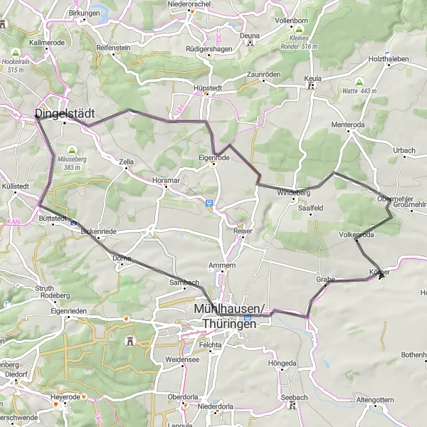 Map miniature of "Road Cycling Adventure to Mühlhausen/Thüringen" cycling inspiration in Thüringen, Germany. Generated by Tarmacs.app cycling route planner