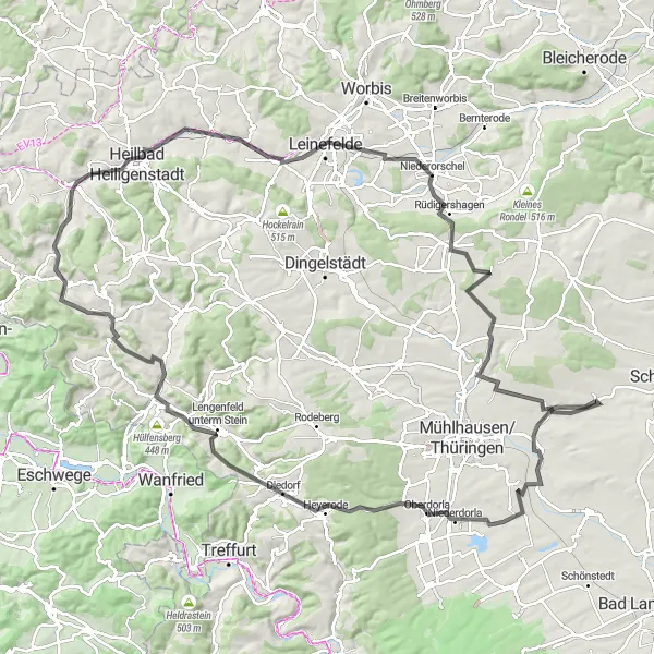 Karten-Miniaturansicht der Radinspiration "Körner - Rüdigershagen - Kaisershagen - Körner" in Thüringen, Germany. Erstellt vom Tarmacs.app-Routenplaner für Radtouren