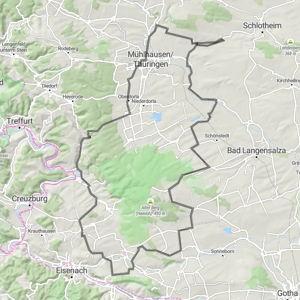 Karten-Miniaturansicht der Radinspiration "Naturschönheiten rund um Haina und Oberdorla" in Thüringen, Germany. Erstellt vom Tarmacs.app-Routenplaner für Radtouren