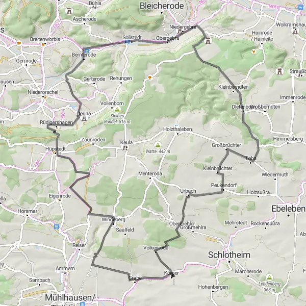 Karten-Miniaturansicht der Radinspiration "Rundweg um Körner" in Thüringen, Germany. Erstellt vom Tarmacs.app-Routenplaner für Radtouren