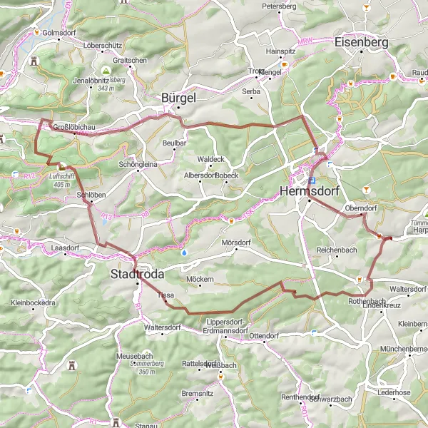 Map miniature of "Adventure Gravel Cycling Route near Kraftsdorf" cycling inspiration in Thüringen, Germany. Generated by Tarmacs.app cycling route planner