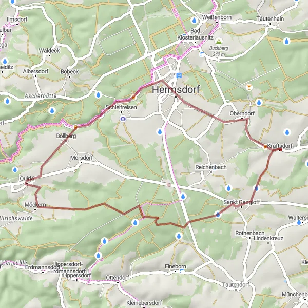 Map miniature of "Scenic Gravel Cycling Route from Kraftsdorf" cycling inspiration in Thüringen, Germany. Generated by Tarmacs.app cycling route planner