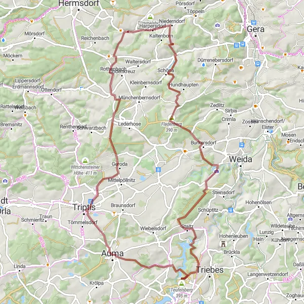 Map miniature of "Discovering the Gravel Paths of Kraftsdorf" cycling inspiration in Thüringen, Germany. Generated by Tarmacs.app cycling route planner