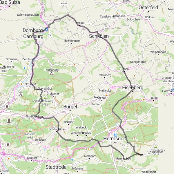 Map miniature of "Circular Cycling Route from Kraftsdorf" cycling inspiration in Thüringen, Germany. Generated by Tarmacs.app cycling route planner