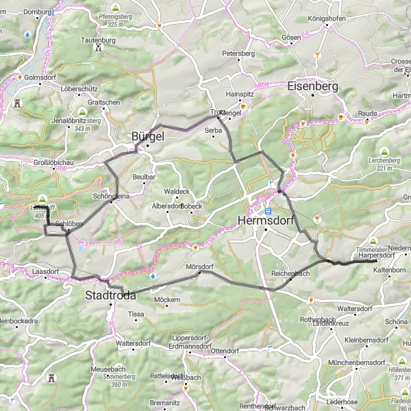 Map miniature of "A Road Cycling Tour of Kraftsdorf and Beyond" cycling inspiration in Thüringen, Germany. Generated by Tarmacs.app cycling route planner