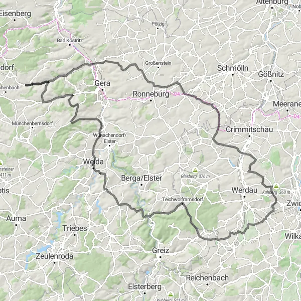 Map miniature of "The Ultimate Cycling Adventure from Kraftsdorf" cycling inspiration in Thüringen, Germany. Generated by Tarmacs.app cycling route planner