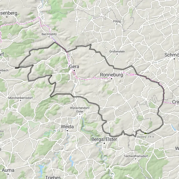 Map miniature of "Explore the Scenic Roads around Kraftsdorf" cycling inspiration in Thüringen, Germany. Generated by Tarmacs.app cycling route planner