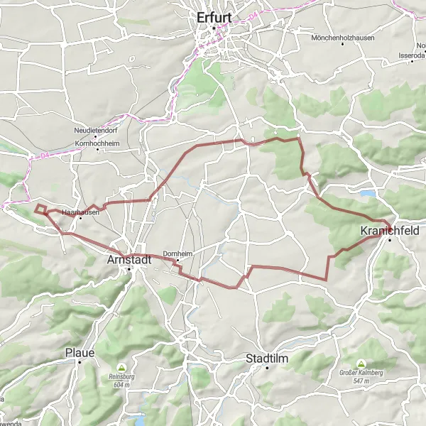 Map miniature of "Kranichfeld Gravel Exploration" cycling inspiration in Thüringen, Germany. Generated by Tarmacs.app cycling route planner