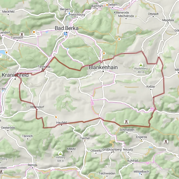 Map miniature of "Gravel Adventure" cycling inspiration in Thüringen, Germany. Generated by Tarmacs.app cycling route planner