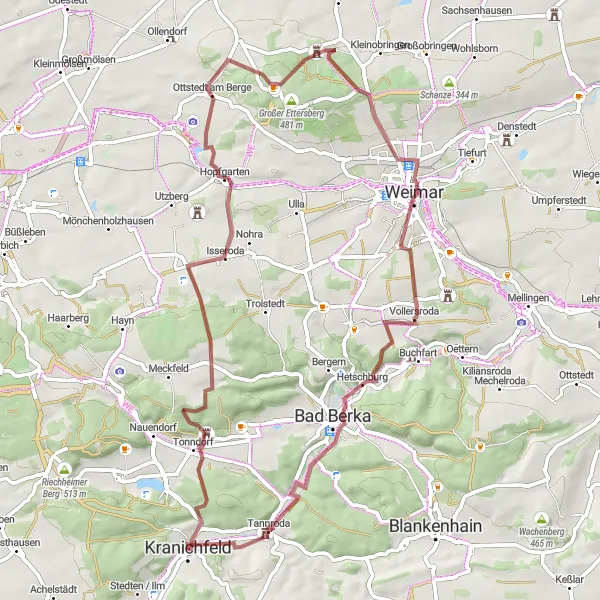 Map miniature of "Kranichfeld Gravel Adventure" cycling inspiration in Thüringen, Germany. Generated by Tarmacs.app cycling route planner