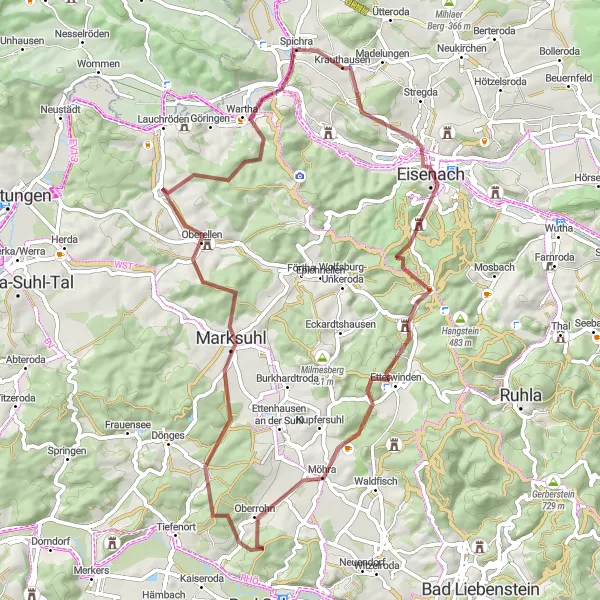 Map miniature of "The Gravel Adventure: Krauthausen - Eisenach Circular Route" cycling inspiration in Thüringen, Germany. Generated by Tarmacs.app cycling route planner