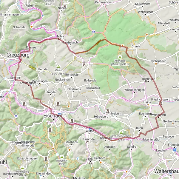 Map miniature of "Nature's Retreat: Krauthausen - Lauterbach Circular Route" cycling inspiration in Thüringen, Germany. Generated by Tarmacs.app cycling route planner