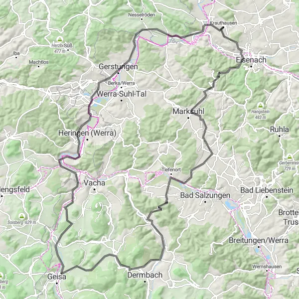 Map miniature of "Three castle tour" cycling inspiration in Thüringen, Germany. Generated by Tarmacs.app cycling route planner