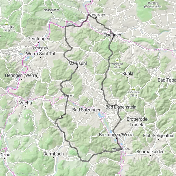 Map miniature of "Thuringian Hills Challenge" cycling inspiration in Thüringen, Germany. Generated by Tarmacs.app cycling route planner