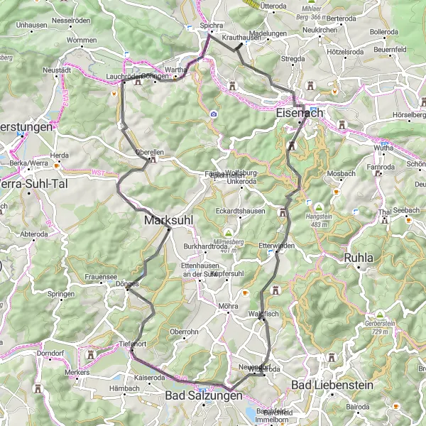 Map miniature of "Enchanting Thuringian Road Route" cycling inspiration in Thüringen, Germany. Generated by Tarmacs.app cycling route planner
