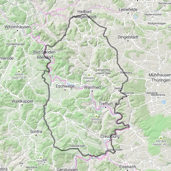 Karten-Miniaturansicht der Radinspiration "Herleshausen-Runde" in Thüringen, Germany. Erstellt vom Tarmacs.app-Routenplaner für Radtouren