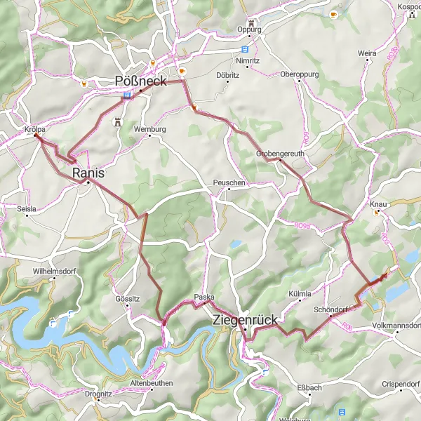 Map miniature of "Krölpa to Bucha Gravel Ride" cycling inspiration in Thüringen, Germany. Generated by Tarmacs.app cycling route planner