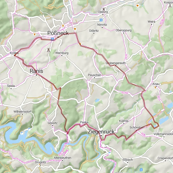Karten-Miniaturansicht der Radinspiration "Kurze Runde durch die Natur Thüringens" in Thüringen, Germany. Erstellt vom Tarmacs.app-Routenplaner für Radtouren