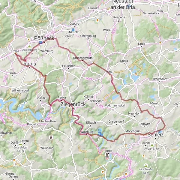 Map miniature of "Krölpa to Ranis Gravel Ride" cycling inspiration in Thüringen, Germany. Generated by Tarmacs.app cycling route planner