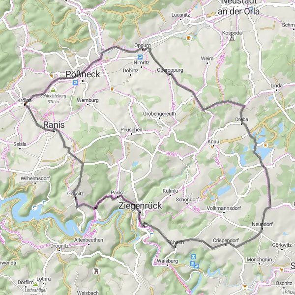 Karten-Miniaturansicht der Radinspiration "Kleine Runde um Krölpa - 57 km entlang der Straßen" in Thüringen, Germany. Erstellt vom Tarmacs.app-Routenplaner für Radtouren