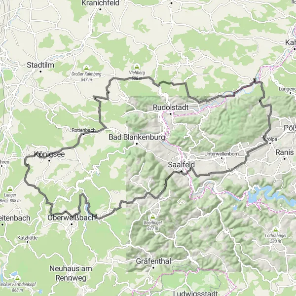 Karten-Miniaturansicht der Radinspiration "Rundtour um Krölpa mit 123 km auf der Straße" in Thüringen, Germany. Erstellt vom Tarmacs.app-Routenplaner für Radtouren