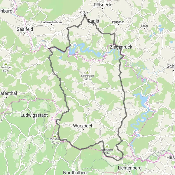 Map miniature of "The Krölpa Challenge" cycling inspiration in Thüringen, Germany. Generated by Tarmacs.app cycling route planner