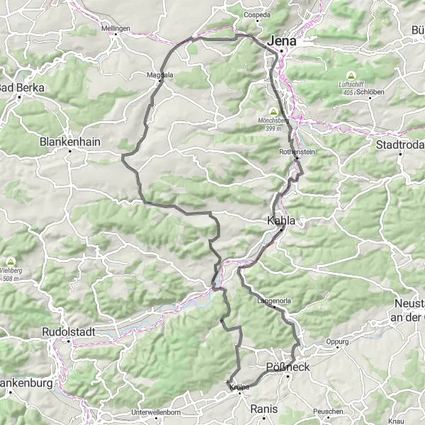 Map miniature of "Krölpa and Beyond" cycling inspiration in Thüringen, Germany. Generated by Tarmacs.app cycling route planner