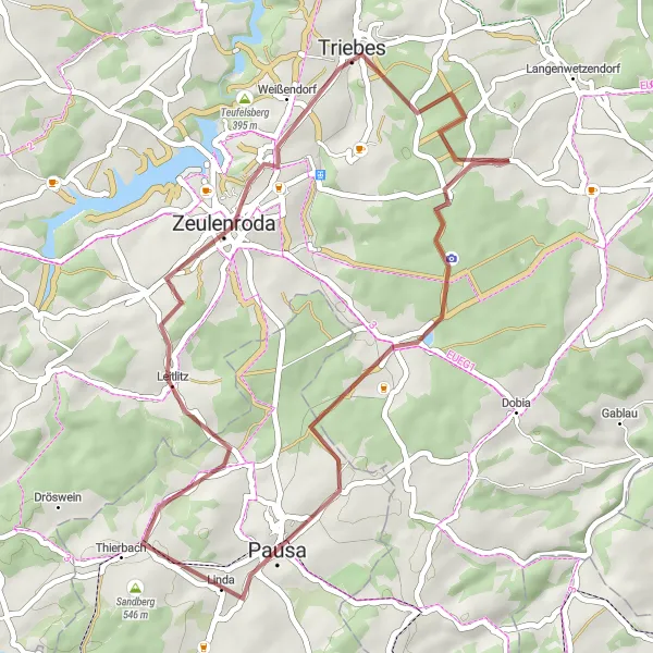 Map miniature of "Gravel Bike Route through Langenwetzendorf" cycling inspiration in Thüringen, Germany. Generated by Tarmacs.app cycling route planner