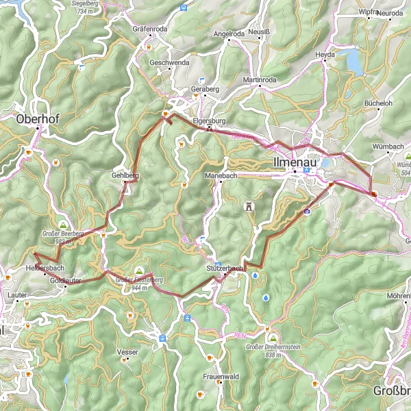 Map miniature of "The Ehrenberg Loop" cycling inspiration in Thüringen, Germany. Generated by Tarmacs.app cycling route planner