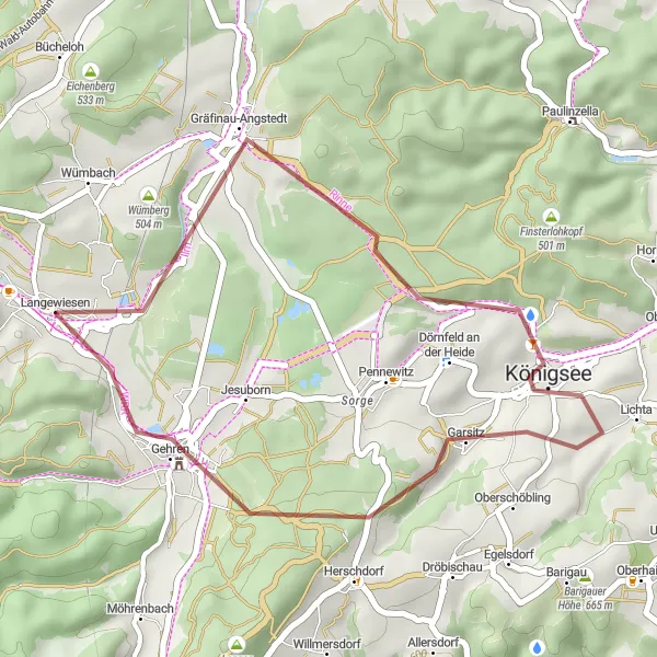 Karten-Miniaturansicht der Radinspiration "Kurze Gravel-Tour nach Königsee" in Thüringen, Germany. Erstellt vom Tarmacs.app-Routenplaner für Radtouren