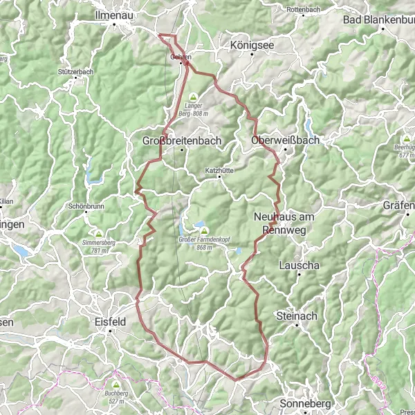 Map miniature of "Thüringen's Gravel Gems" cycling inspiration in Thüringen, Germany. Generated by Tarmacs.app cycling route planner