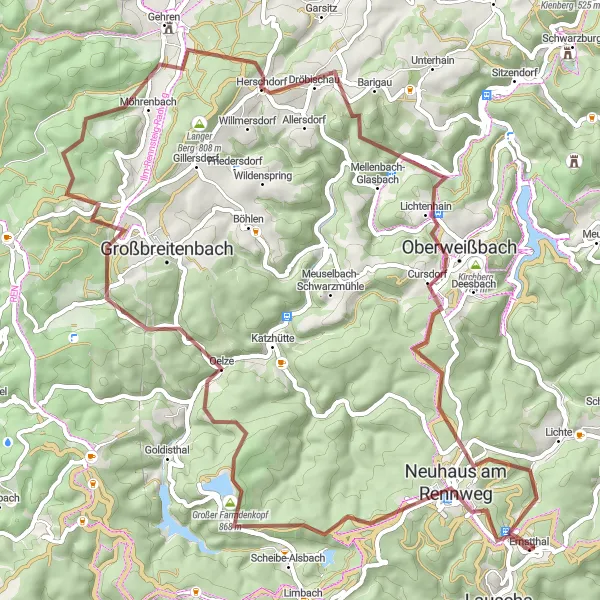 Karten-Miniaturansicht der Radinspiration "Rundtour um Lauscha über Neuhaus am Rennweg und Ernstthal" in Thüringen, Germany. Erstellt vom Tarmacs.app-Routenplaner für Radtouren