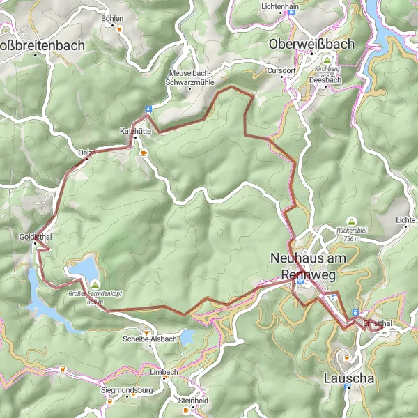 Map miniature of "Goldisthal Reservoir Loop" cycling inspiration in Thüringen, Germany. Generated by Tarmacs.app cycling route planner