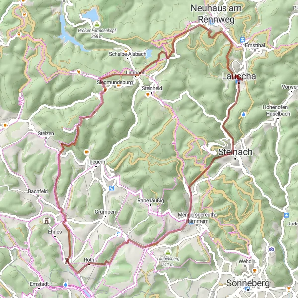 Map miniature of "Steinach to Lauscha Gravel Route" cycling inspiration in Thüringen, Germany. Generated by Tarmacs.app cycling route planner