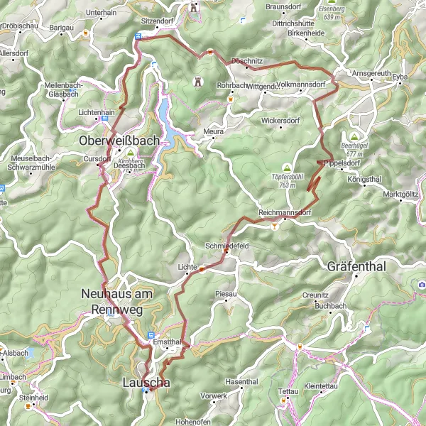 Karten-Miniaturansicht der Radinspiration "Rundtour um Lauscha entlang markanter Punkte" in Thüringen, Germany. Erstellt vom Tarmacs.app-Routenplaner für Radtouren