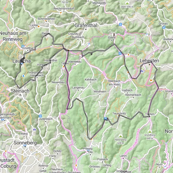 Map miniature of "The Thuringian Ridge Road Challenge" cycling inspiration in Thüringen, Germany. Generated by Tarmacs.app cycling route planner